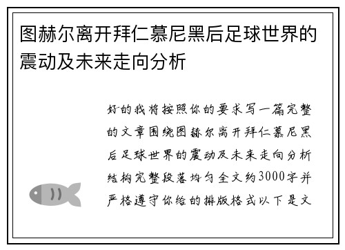 图赫尔离开拜仁慕尼黑后足球世界的震动及未来走向分析